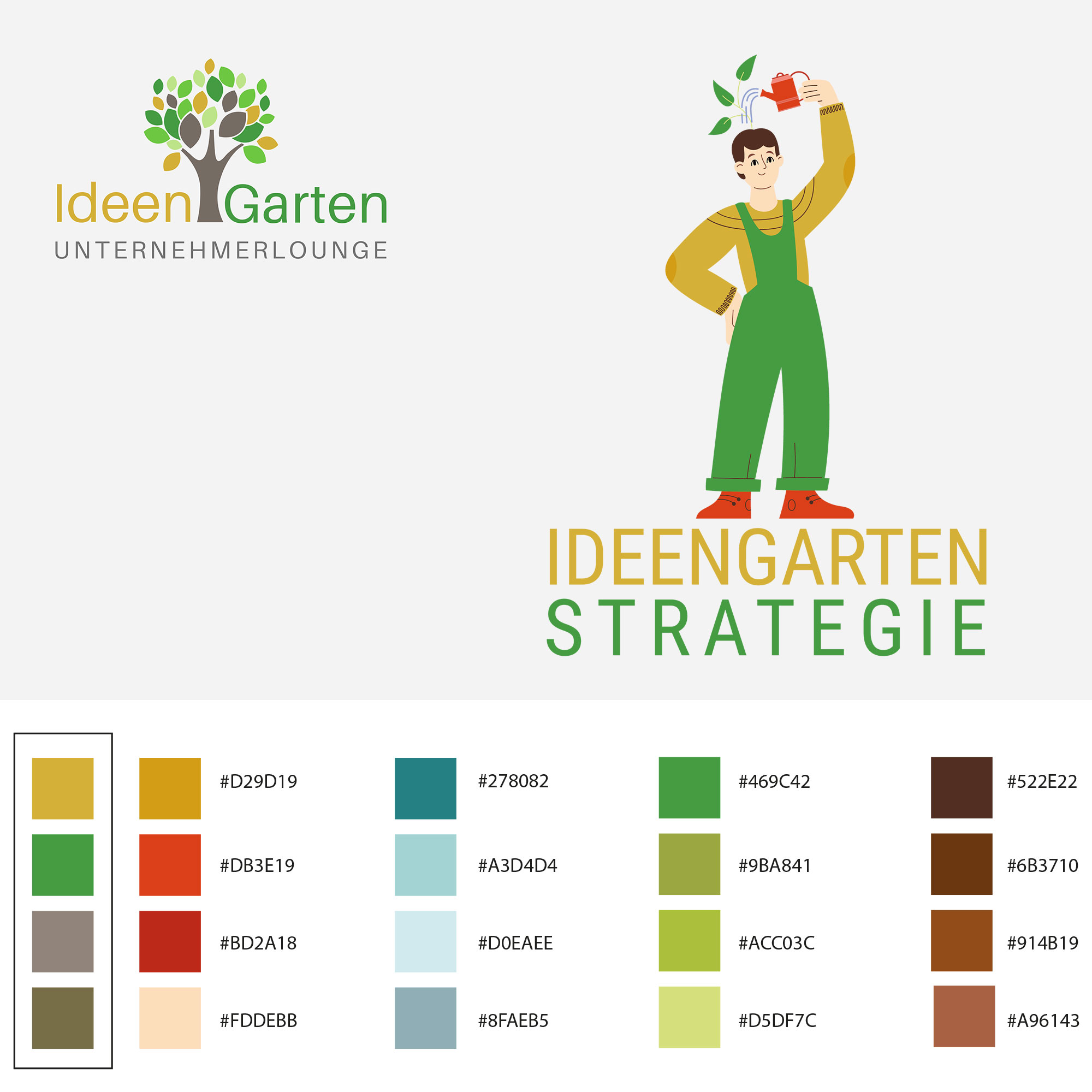 Abgebildet ist das alte Logo für den Ideengarten, ebenso das 2022 neu gestaltete Logo und die erweiterte Farbpalette