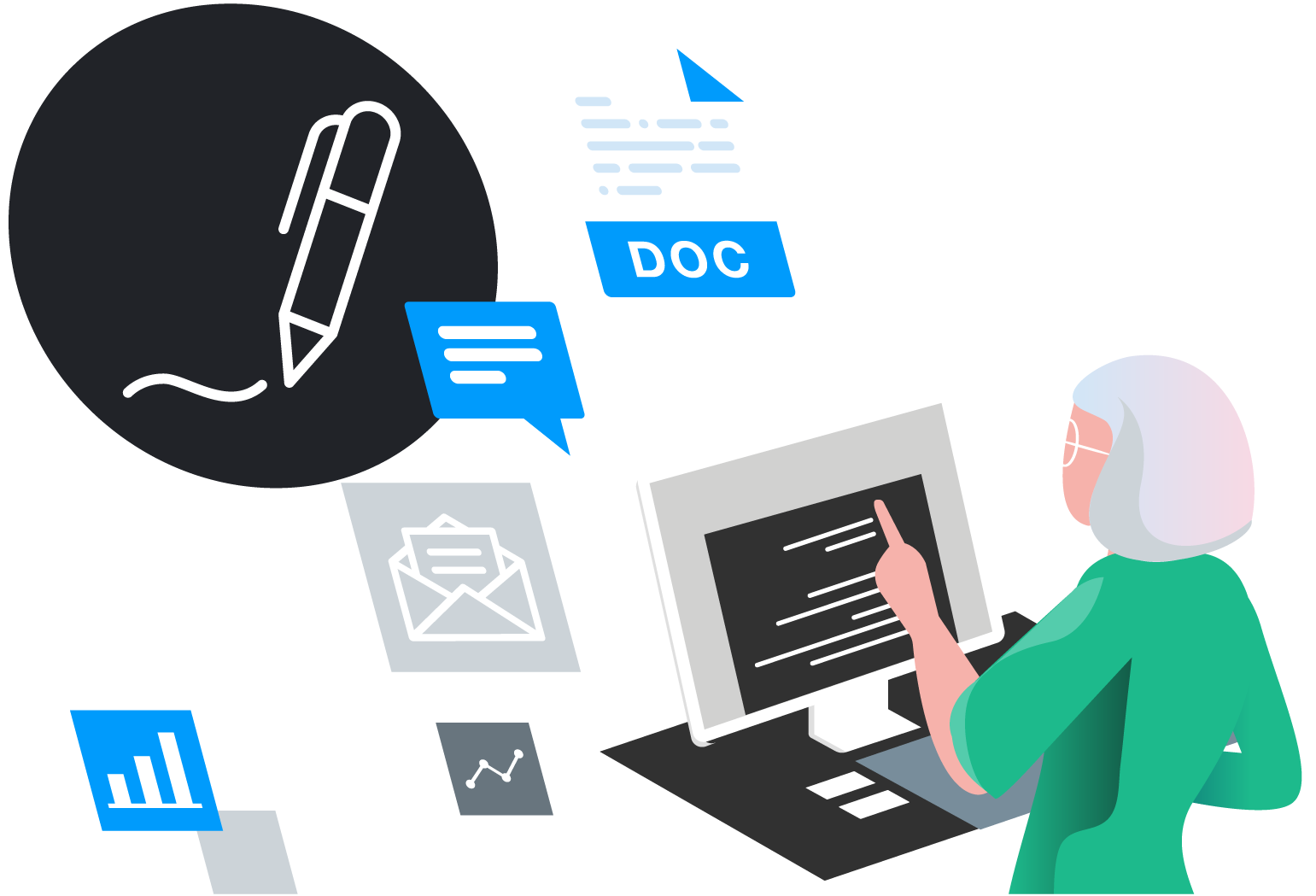 Illustration Texterstellung: Frau am Computer