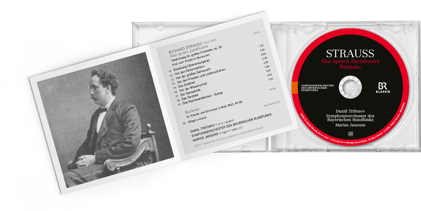 CD-Gestaltung – Also sprach Zarathustra und Burleske von Richard Strauss. Dirigiert von Mariss Jansons und gespielt vom Symphonieorchester des Bayerischen Rundfunks.