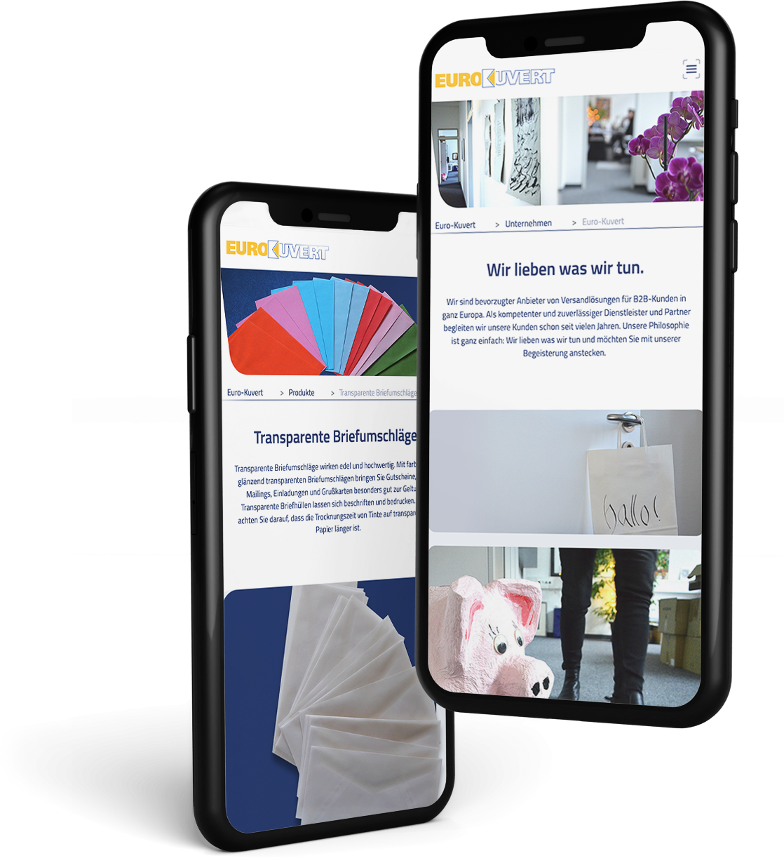 Mobile Ansicht der Webseite von Euro-Kuvert. Zwei Handys mit Screens der Seite sind abgebildet.