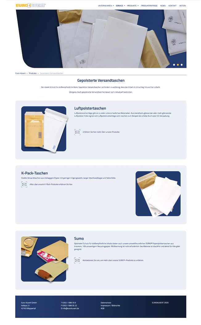 Produktseite gepolsterte Versandtaschen der Webseite von der Euro-Kuvert GmbH