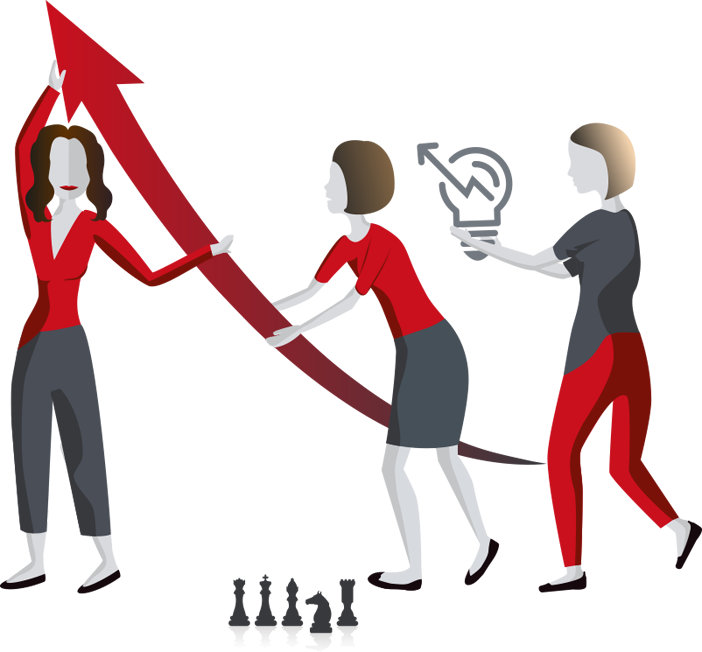 Illustration: Abstraktion Strategie, drei Frauen an Pfeil, Schachfiguren und Glühlampe Illustration: Abstraktion Strategie, drei Frauen an Pfeil, Schachfiguren und Glühlampe