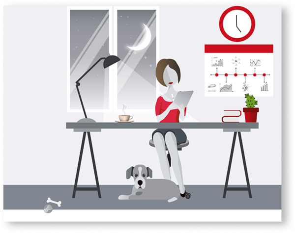 Illustration Frau sitzt am Schreibtisch und liest Illustration Frau sitzt am Schreibtisch und liest