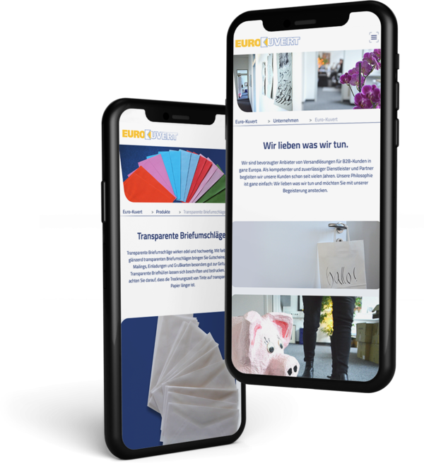 Mobile Ansicht der Webseite von Euro-Kuvert. Zwei Handys mit Screens der Seite sind abgebildet.