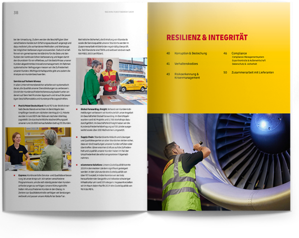 Nachhaltigkeitsbericht Innenseite für Deutsche Post DHL Group Nachhaltigkeitsbericht Doppelseite mit Text und neu entwickelten Kapiteltrennern