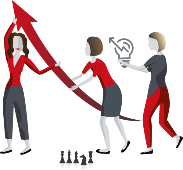 Illustration: Abstraktion Strategie, drei Frauen an Pfeil, Schachfiguren und Glühlampe Illustration: Abstraktion Strategie, drei Frauen an Pfeil, Schachfiguren und Glühlampe