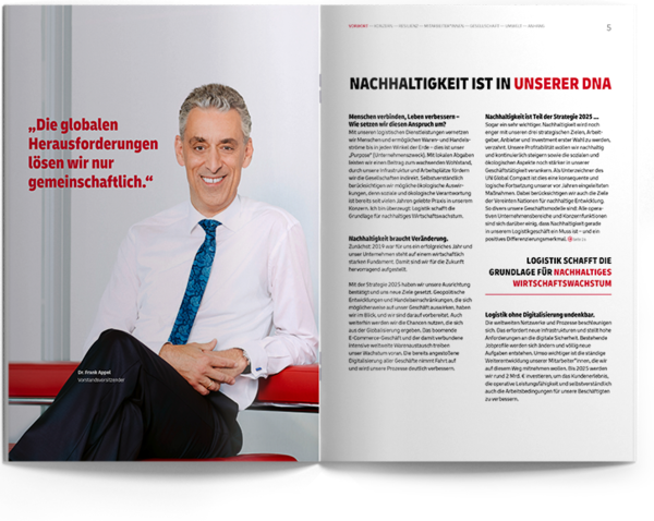 Der Vorstandsvorsitzende Dr. Frank Apple äußert sich zum Thema Nachhaltigkeit und das Interview wurde auf mehreren Doppelseiten abgedruckt