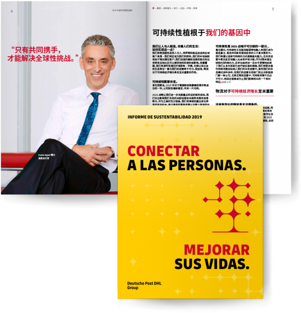 Nachhaltigkeitsbericht Doppelseite innen mit Bild und Textseiten für Deutsche Post DHL Group